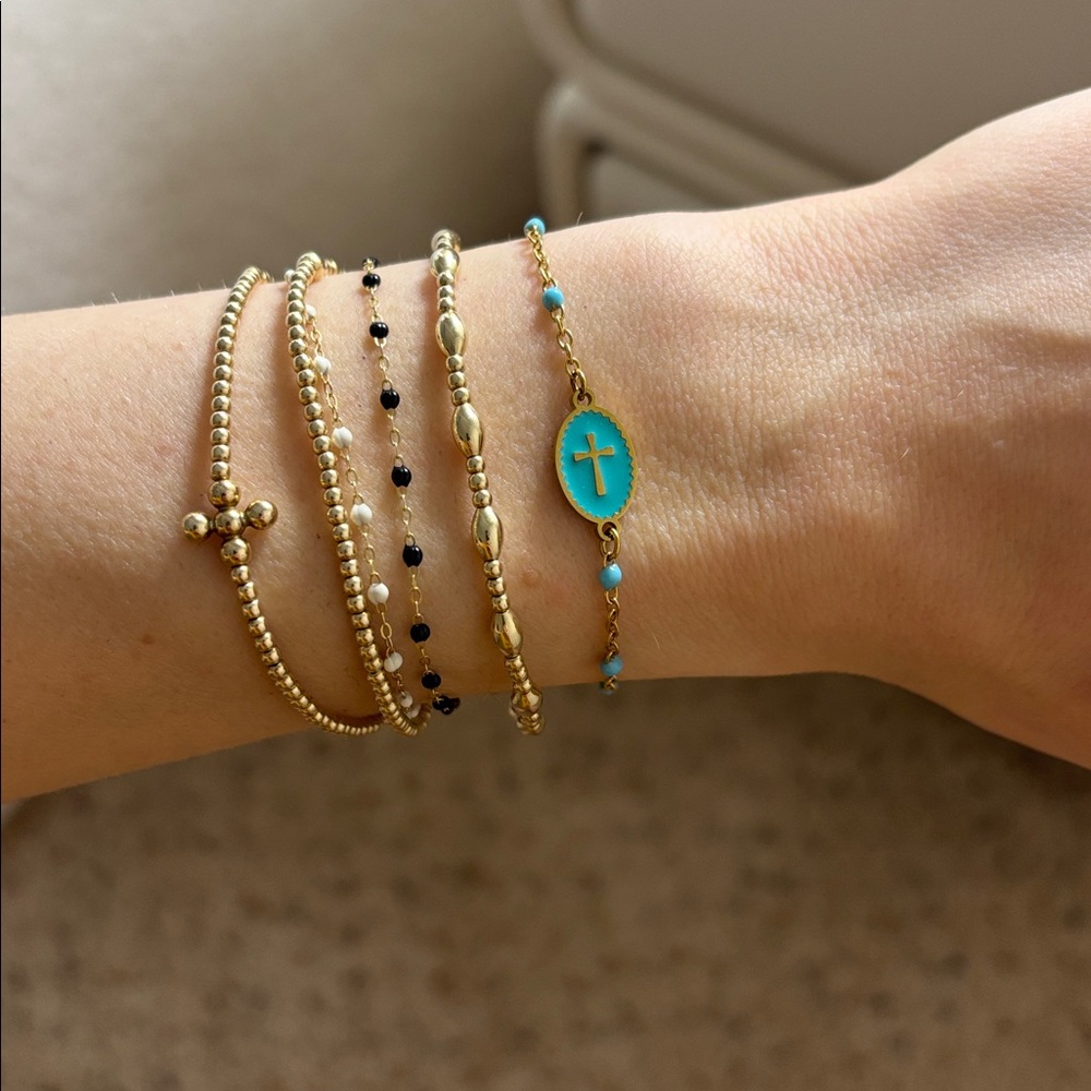 Dainty gold & turquoise beaded cross adjustable bracelet delicate jeweled chain
